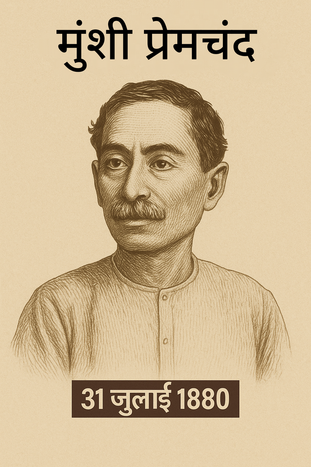 Sepia illustration of Munshi Premchand, famous Indian writer in Hindi and Urdu