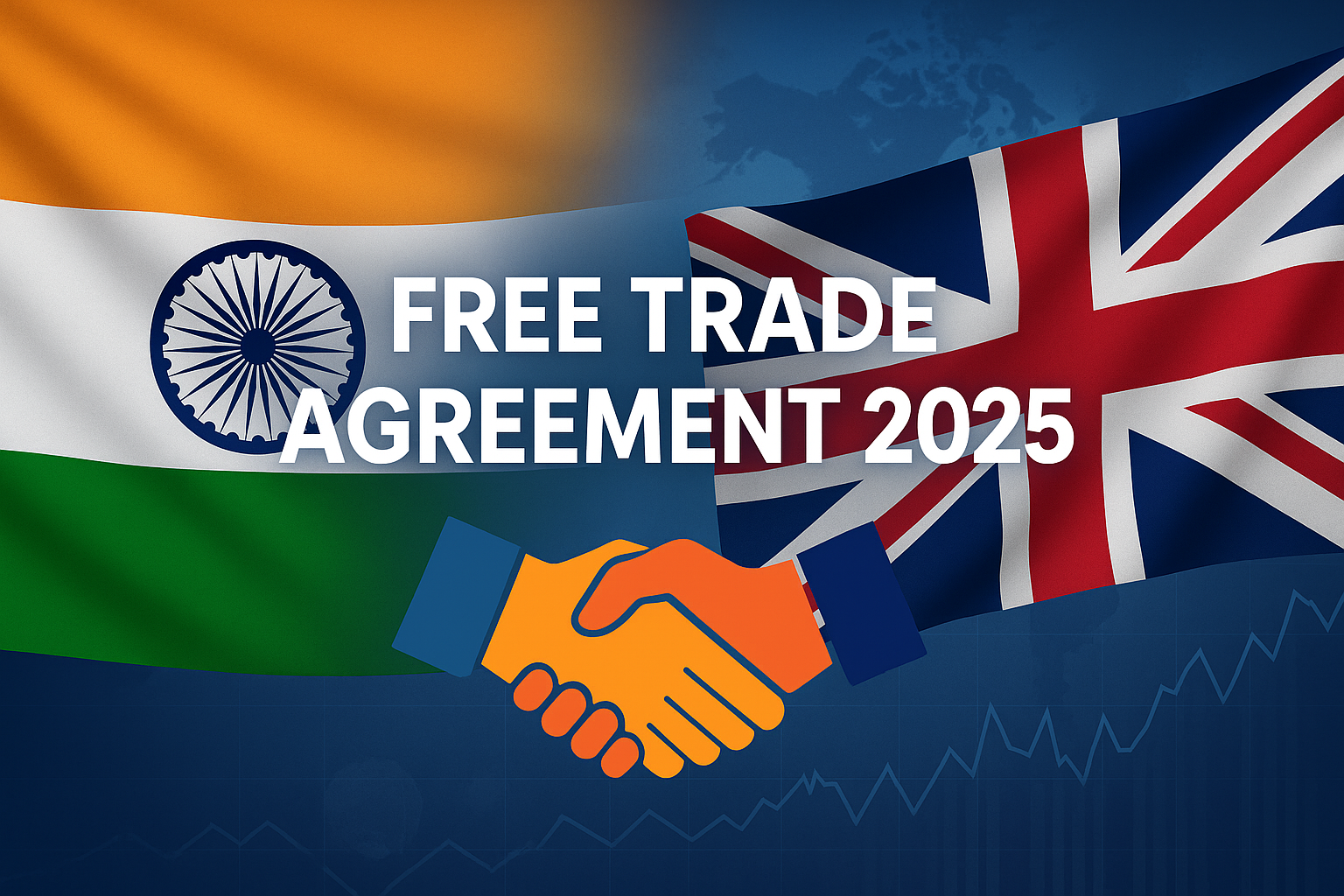 Illustration of India–UK Free Trade Agreement signed in July 2025 showing handshake, flags and economic collaboration symbols.