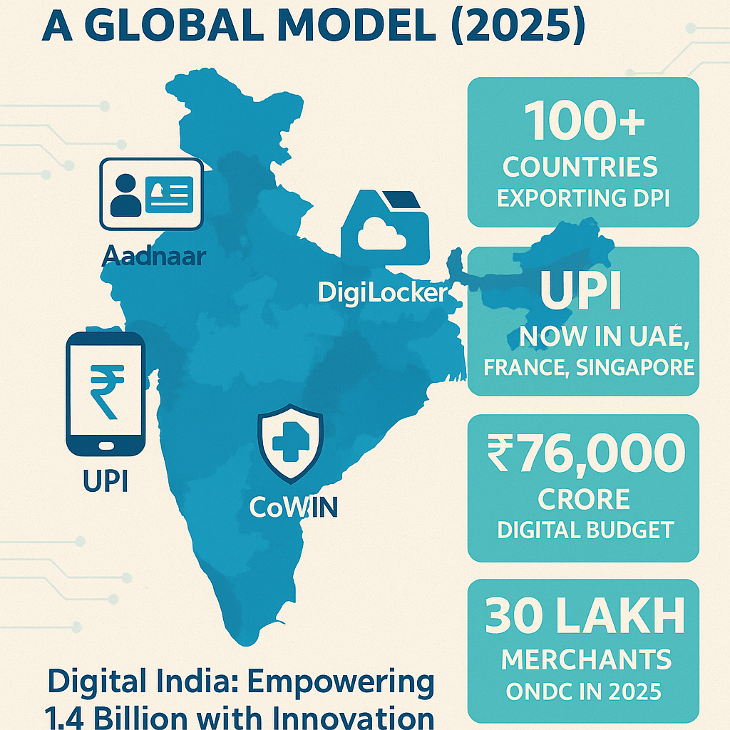 A modern infographic showing a blue map of India with icons representing Aadhaar, UPI, DigiLocker, and CoWIN, alongside data panels showing India’s DPI global expansion, digital budget, and ONDC merchant figures. Highlighted title: “India’s Digital Public Infrastructure – A Global Model (2025)”.