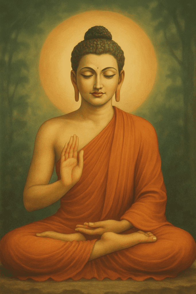 बोधि वृक्ष के नीचे ध्यान करते हुए गौतम बुद्ध की पारंपरिक शैली में बनी एक सुंदर और शांत छवि, जिसमें वह नारंगी वस्त्र में हैं और उनके पीछे एक सुनहरा प्रभामंडल है।