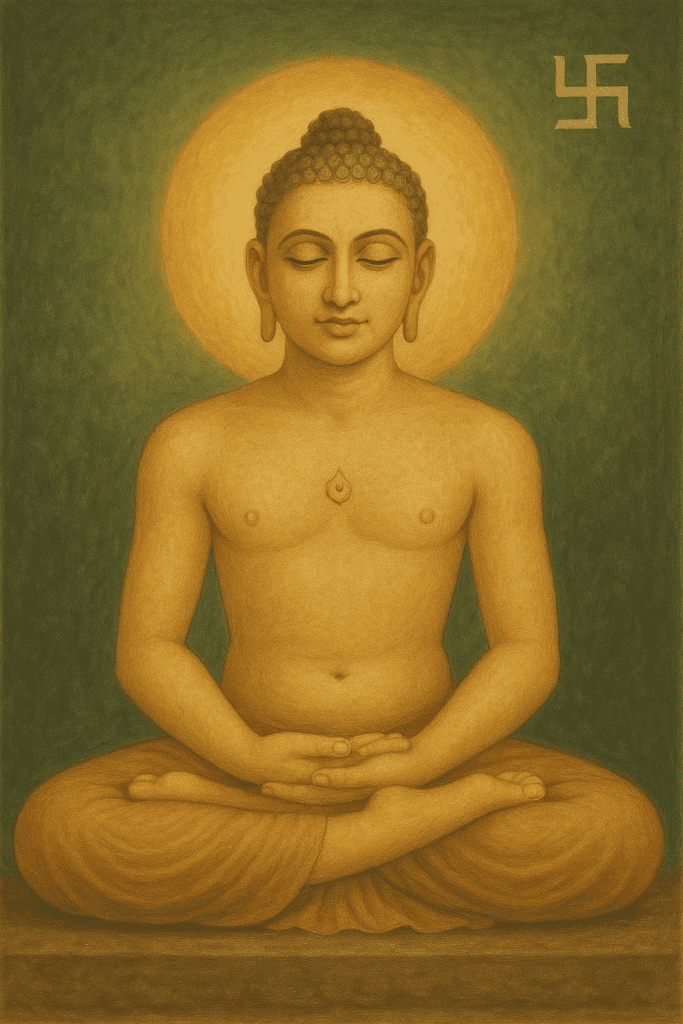 महावीर स्वामी की पारंपरिक चित्रकला शैली में बनी शांत मुद्रा वाली छवि, जिसमें वे पद्मासन में ध्यानस्थ हैं, पीछे स्वर्ण प्रभामंडल और ऊपर स्वास्तिक चिह्न है।