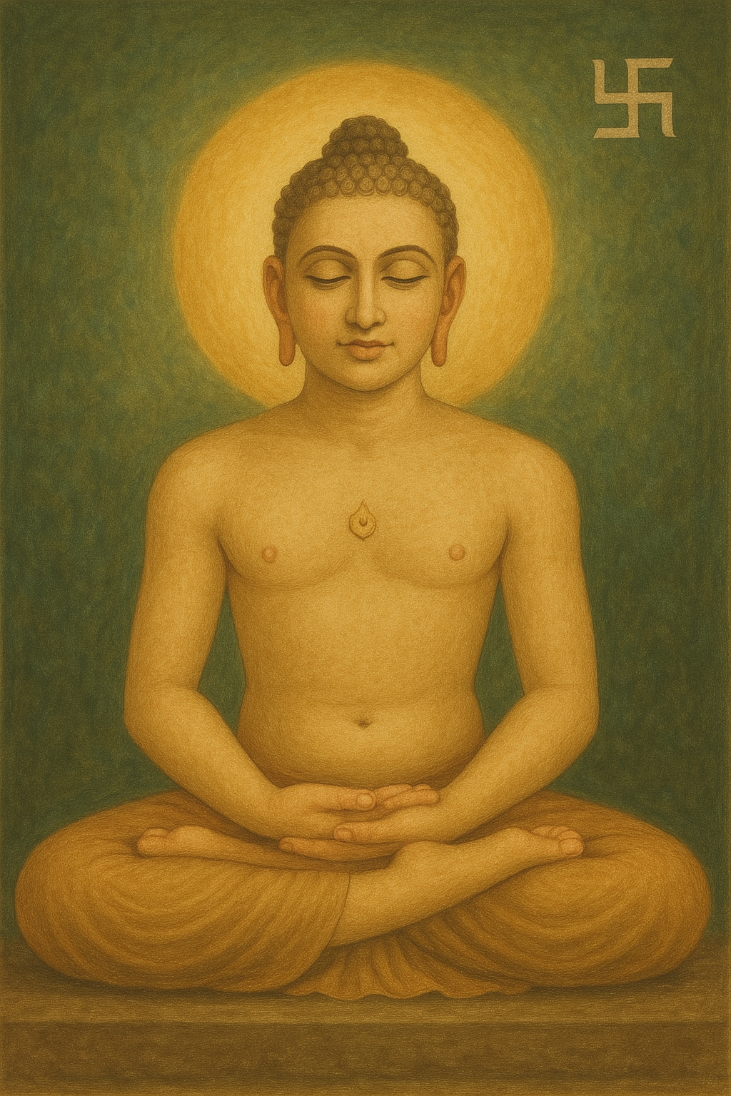 महावीर स्वामी की पारंपरिक चित्रकला शैली में बनी शांत मुद्रा वाली छवि, जिसमें वे पद्मासन में ध्यानस्थ हैं, पीछे स्वर्ण प्रभामंडल और ऊपर स्वास्तिक चिह्न है।