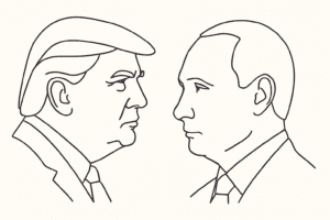 "Donald Trump और Vladimir Putin की Alaska में 2025 बैठक का outline drawing"