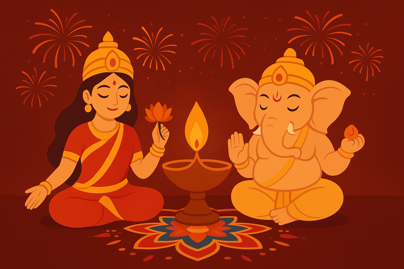 दिवाली पर लक्ष्मी माता और गणेश जी दीया और रंगोली के साथ पूजा करते हुए, पृष्ठभूमि में आतिशबाजी।