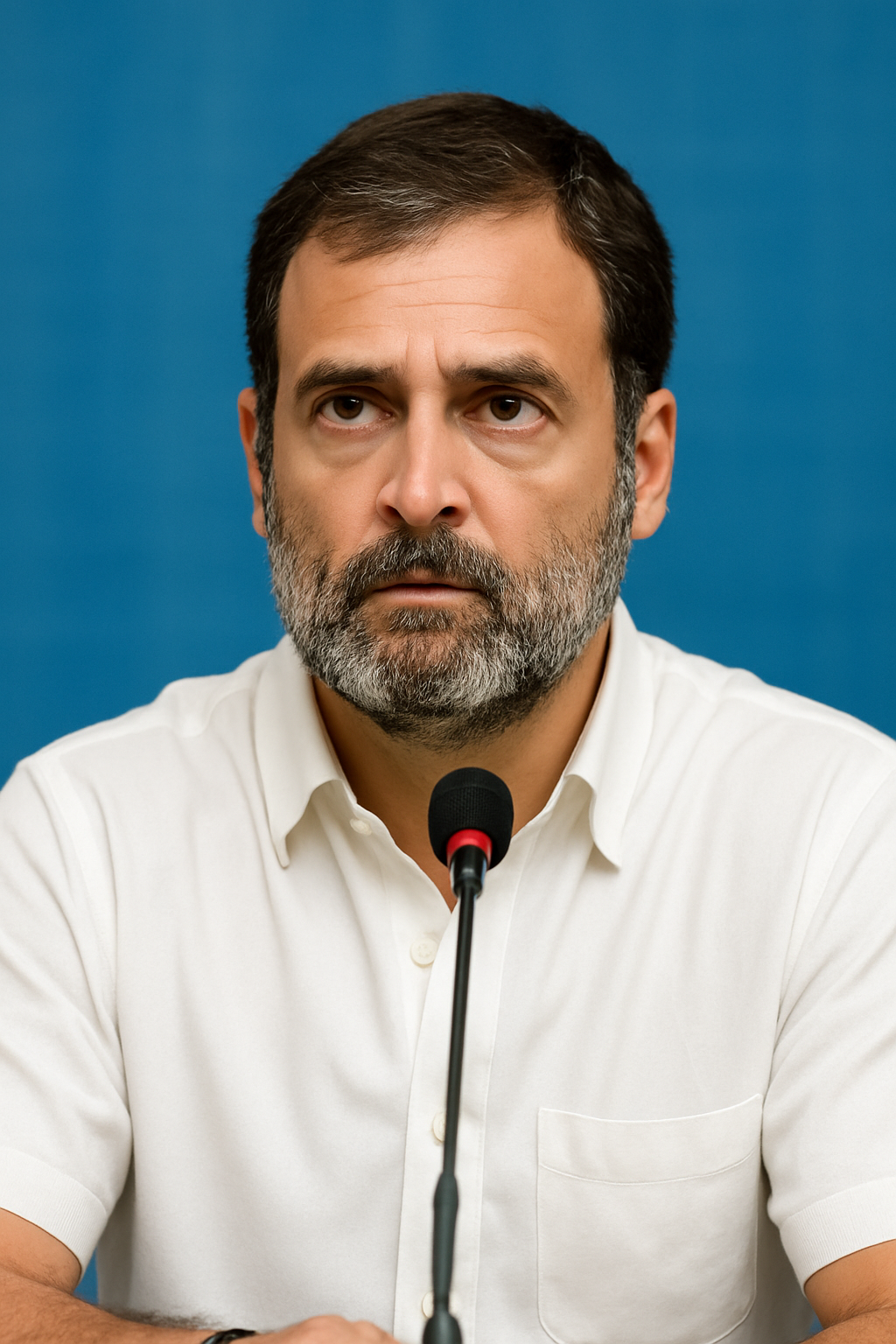 Rahul Gandhi speaking at a press conference wearing a white shirt and sitting in front of a blue background