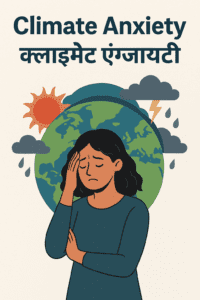 "Climate Anxiety in Hindi – एक चिंतित महिला और जलवायु परिवर्तन के प्रभाव जैसे बादल, बारिश और सूरज का चित्रण"