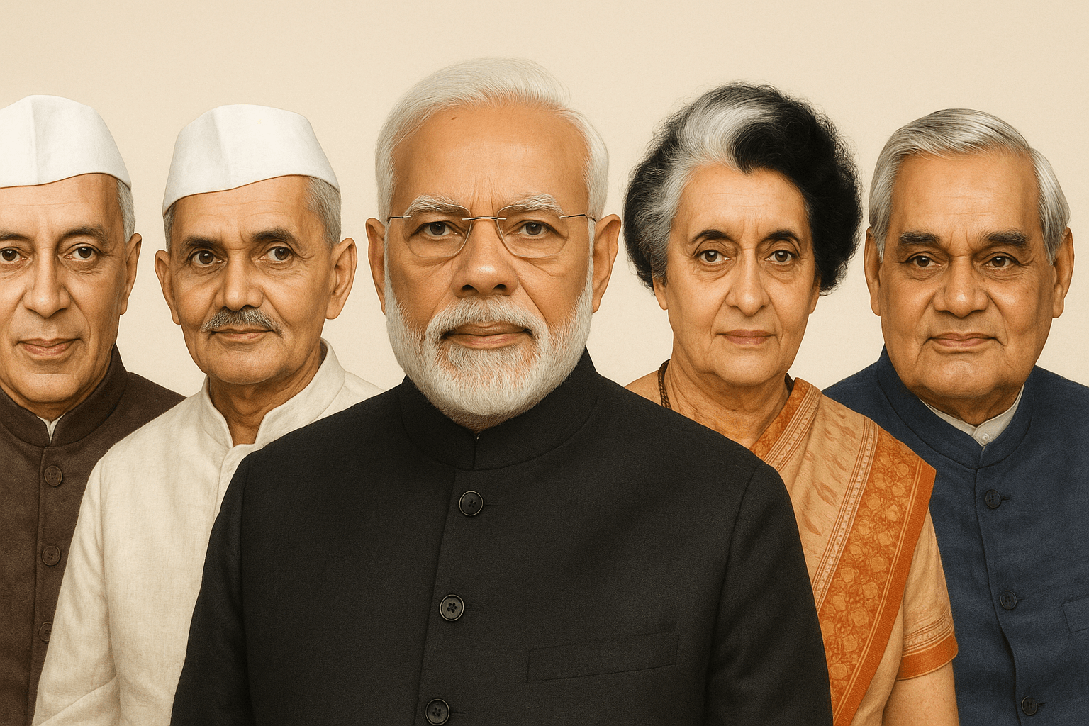 Jawaharlal Nehru, Lal Bahadur Shastri, Indira Gandhi, Atal Bihari Vajpayee और Narendra Modi का एक साथ कोलाज – भारत के प्रमुख प्रधानमंत्रियों की तस्वीर।