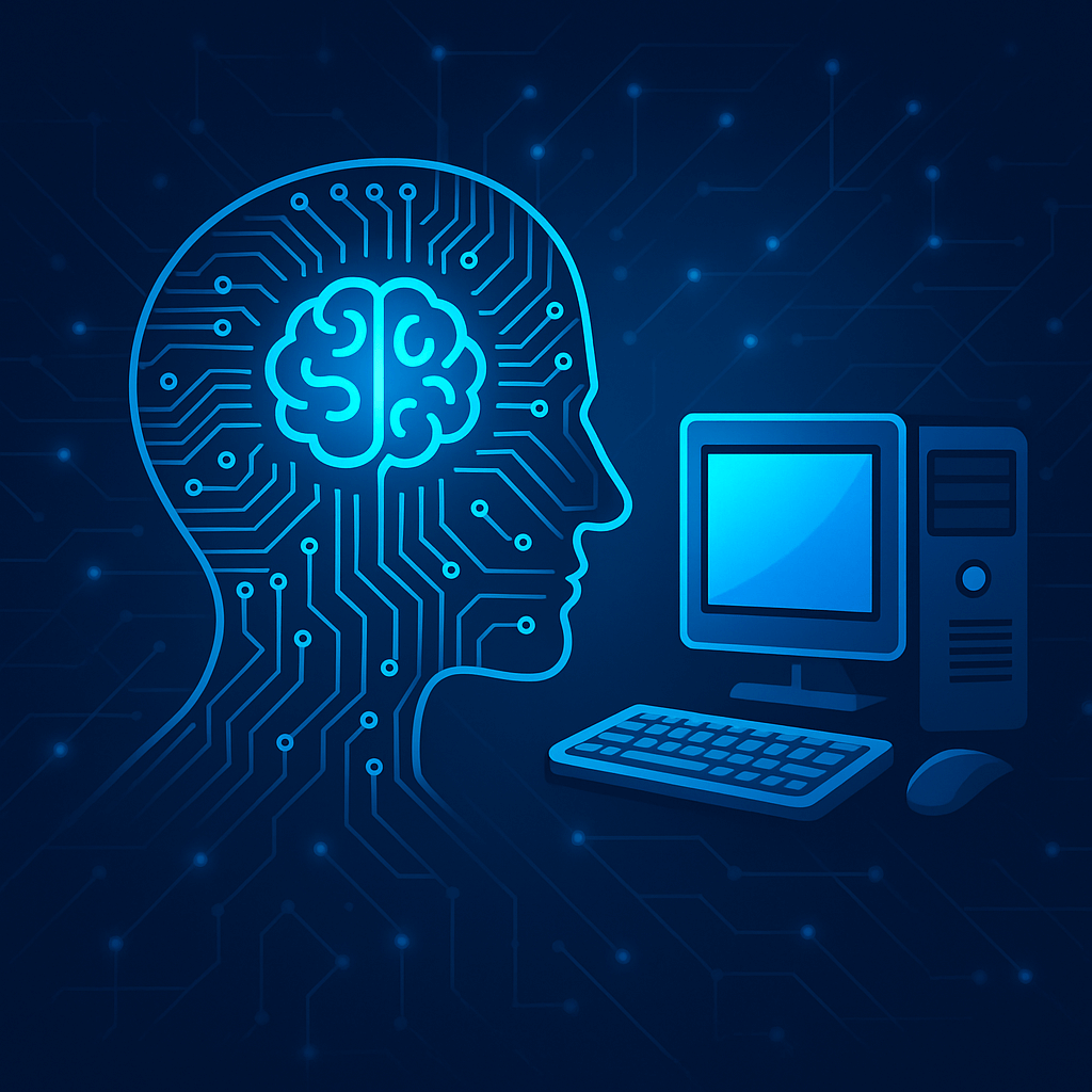 "Computer and Artificial Intelligence concept with human brain circuit and desktop technology illustration"