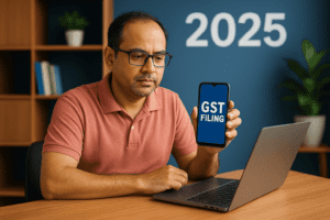Small business owner filing GST online in 2025 using mobile phone and laptop