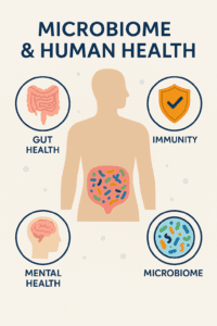 “Infographic showing the connection between microbiome, gut health, immunity and mental health in humans.”