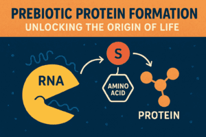 Illustration showing prebiotic protein formation and the origin of life, highlighting amino acids and early Earth conditions