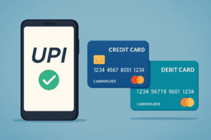 UPI vs Credit Card vs Debit Card comparison illustration 2025 – digital payments in India