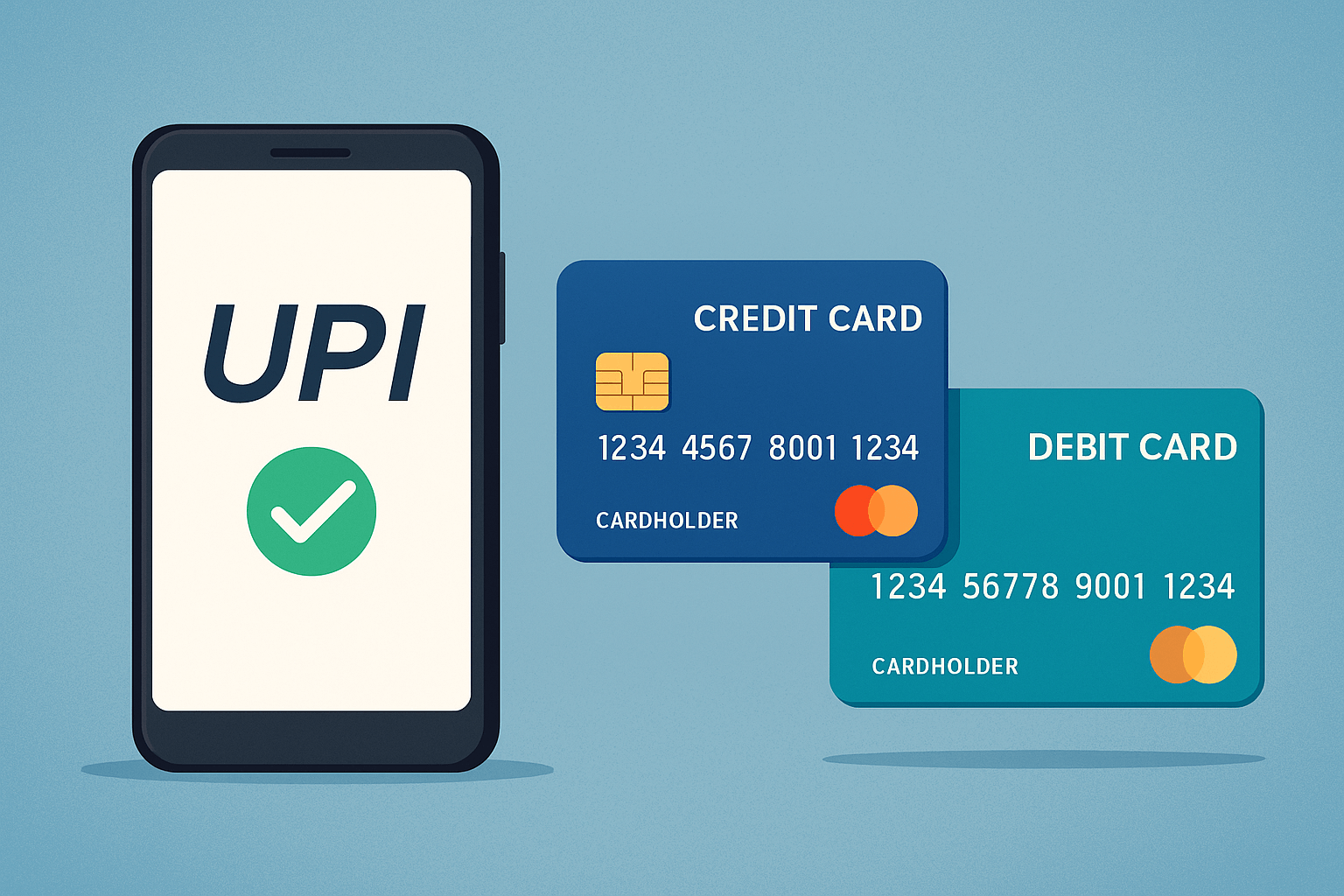 UPI vs Credit Card vs Debit Card comparison illustration 2025 – digital payments in India